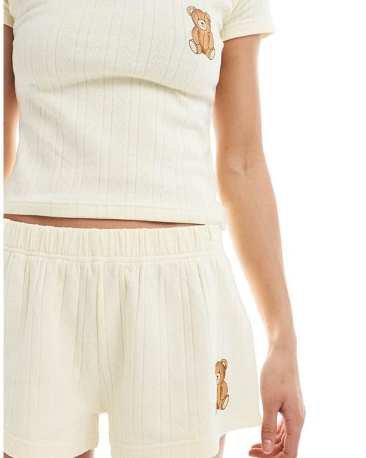 Daisy Street Yellow Scoop Neck Top And Shorts Pajama Set With Bear Graphic
