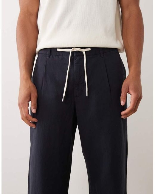 Mango Blue Linen Blend Straight Leg Draw String Trousers for men