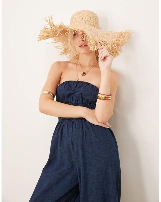 ASOS Blue Soft Denim Strapless Wide Leg Jumpsuit With Shirring Waist