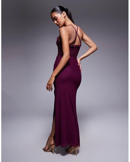 Princess Polly Purple Soulina Mesh Ruffle Edge Plunge Side Slit Maxi Dress