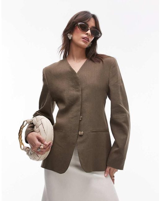 Mango Brown Capsule Linen Mix Structured Blazer With Cinched Waist