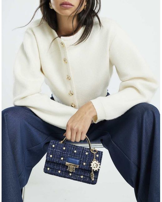 River Island Blue Boucle Metal Handle Quilted Tote Bag