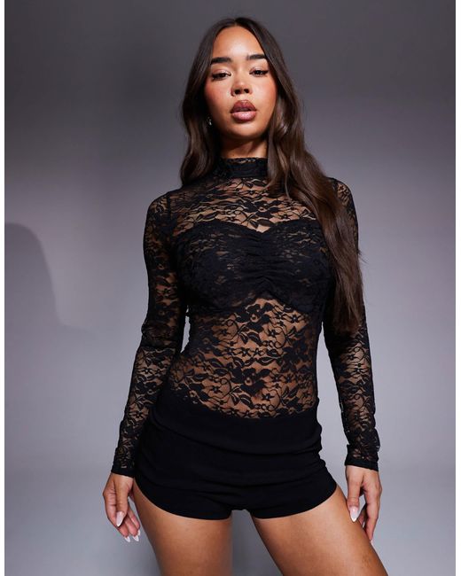 ASOS Black – langärmeliger body aus er spitze mit gerafftem mittelteil