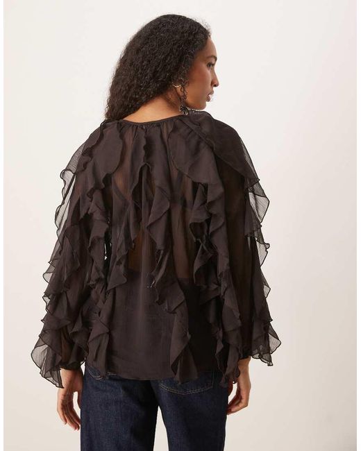 Glamorous Black V-Neck Button Front Ruffle Blouse