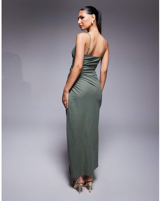 ASOS Green Linen Look Drapey Cami Midaxi Dress With Channeled Cut Out Detail