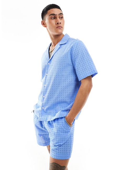 ASOS Blue Short Sleeve Relaxed Fit Revere Collar Broderie Shirt for men