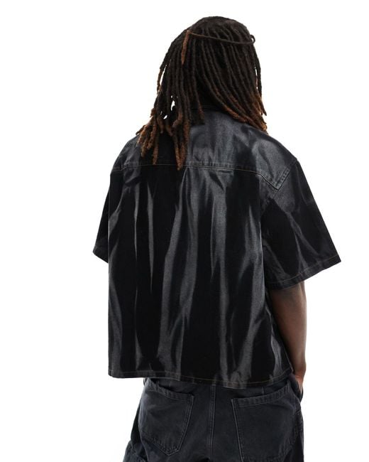 ASOS Black Boxy Oversized Short Sleeve Denim Shirt With Acid Wash Stripes for men