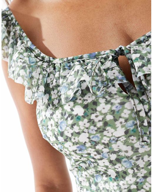 New Look Green Ditsy Frill Sleeve Mesh Midi Dress