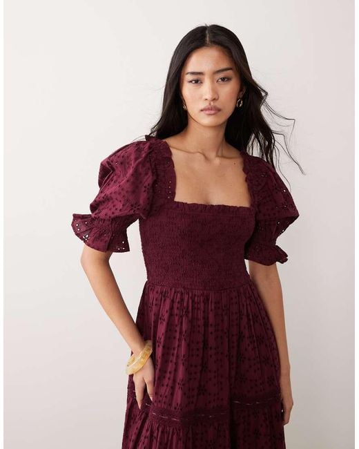 Miss Selfridge Red Puff Sleeve Broderie Maxi Dress