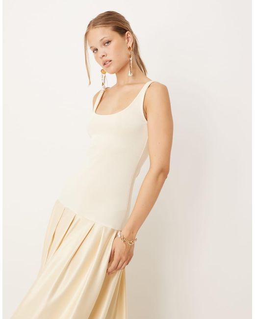 ASOS Natural Scoop Neck Drop Waist Midi Dress With Satin Skirt