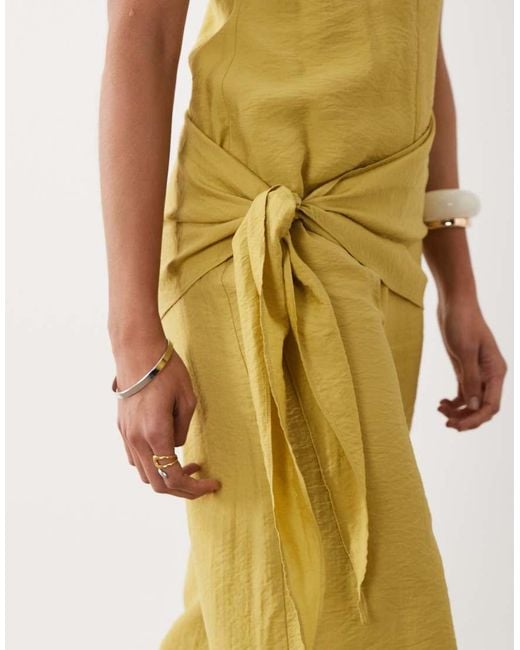 ASOS Yellow Satin Crinkle Jumpsuit With Scarf Waist Detail