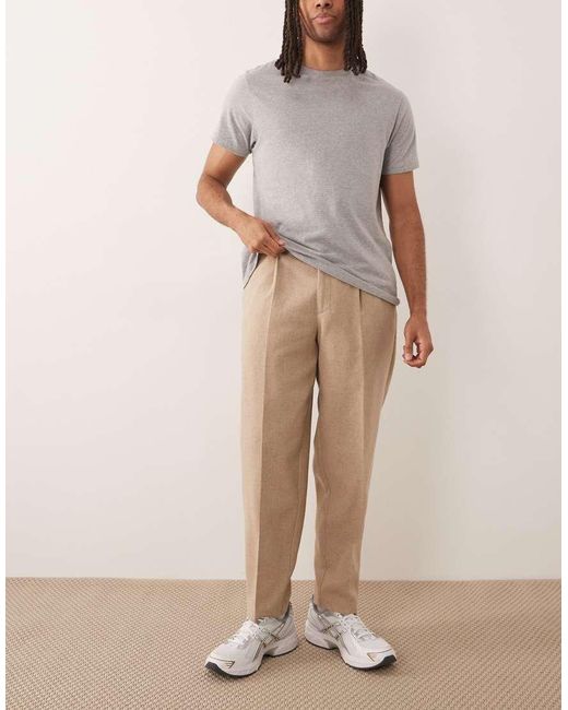 ASOS Natural Tailored Pleated Oversized Tapered Trousers With Wool Blend for men