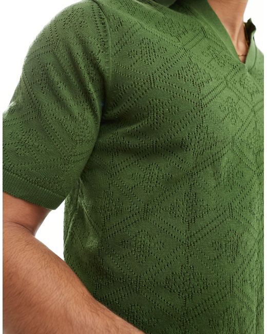 ASOS Green Knitted Crochet Notch Neck Polo for men