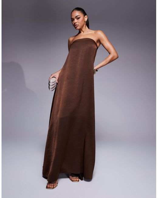 ASOS Bandeau Trapeze Satin Maxi Dress in Brown | Lyst