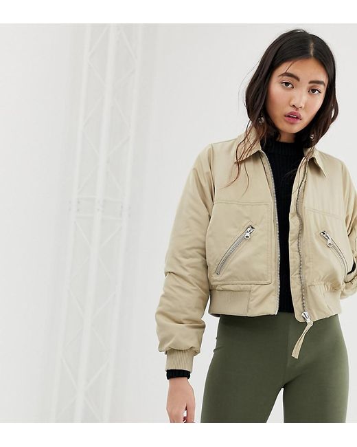 Monki Short Bomber Jacket With Oversized Pockets in Natural | Lyst