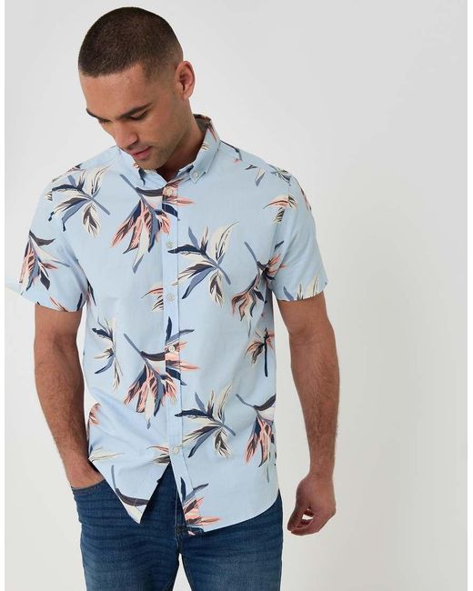 Threadbare Blue Tropical Leaf Print Cotton Short Sleeve Shirt for men