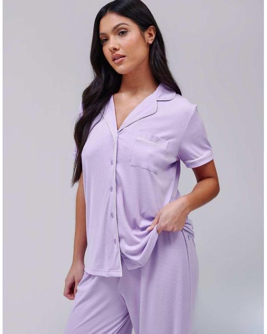 Loungeable Purple Super Soft Jersey Rib Traditional Short Sleeve Long Pant Set