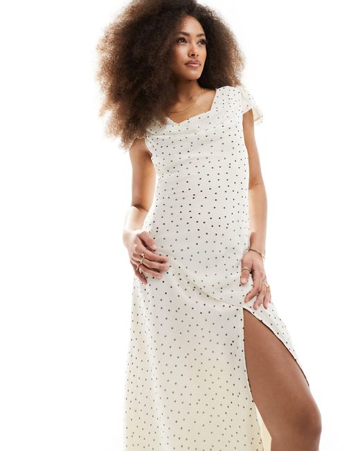 ASOS White Chiffon Cowl Neck Midi Dress With Puff Sleeves And Asymmetric Hem