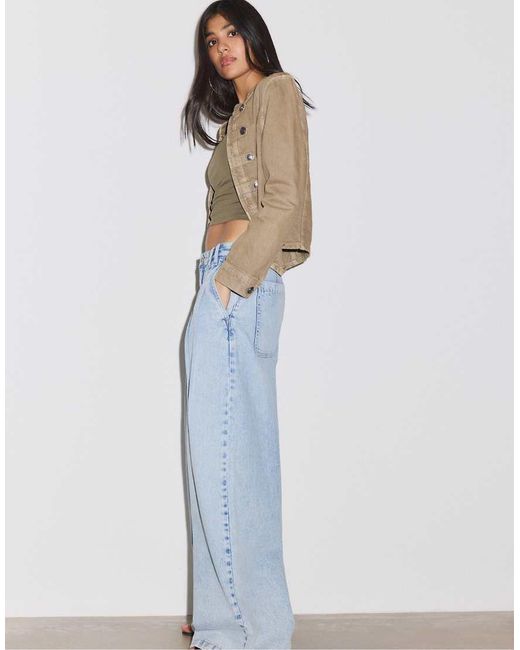 Stradivarius Blue Pleated Wide-leg Jeans