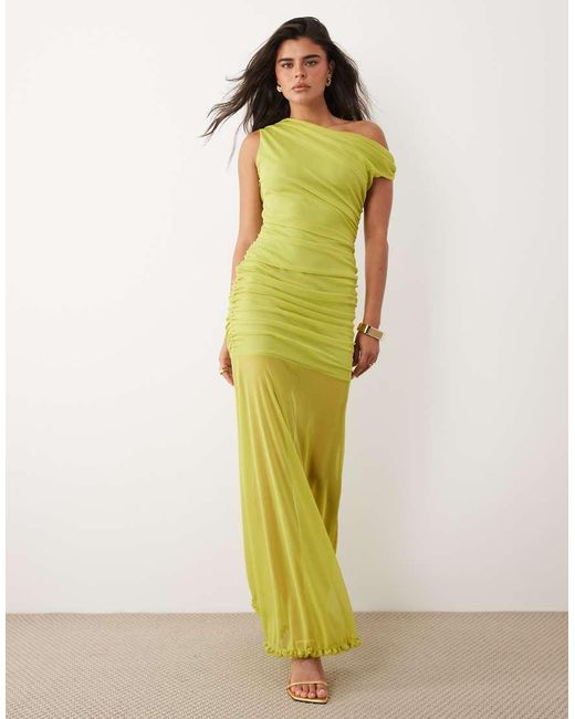 TFNC London Green Mesh Asymmetric Off Shoulder Ruched Sheer Hem Maxi Dress