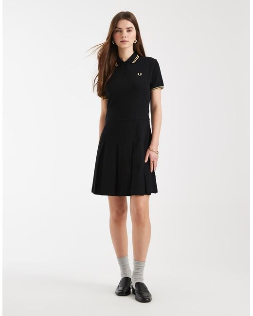 Fred Perry Black Tipped Logo Pleated Tennis Midi Dress