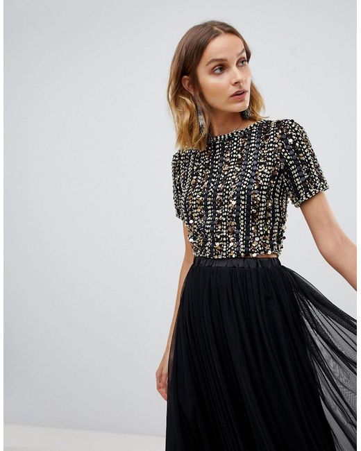 LACE & BEADS Lace Embellished Crop Top In Multi Black Sequin | Lyst