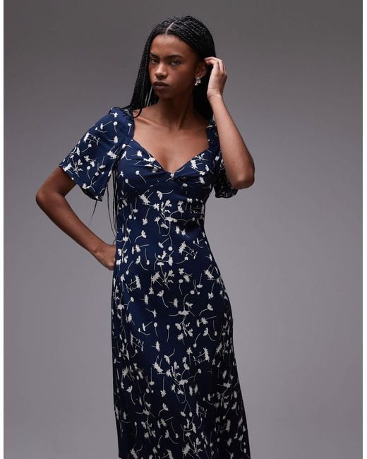 & Other Stories Blue Puff Sleeve Midaxi Dress With Twist Sweetheart Neckline