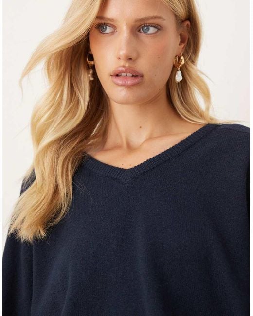 Gina Tricot Gebreide Sweater Met Lange Mouwen En V-Hals in het Blue