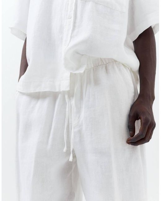 Pull&Bear White 100% Linen Trousers for men