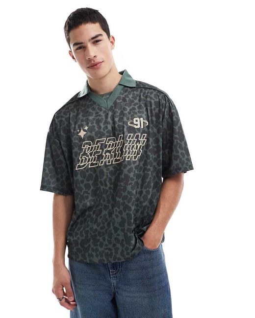 Pull&Bear Gray Leopard Print Football Polo for men