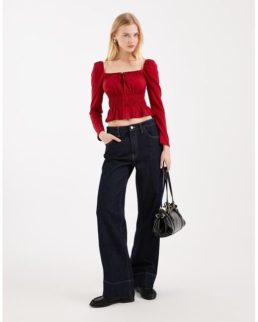 Miss Selfridge Red Long Sleeve Milkmaid Top
