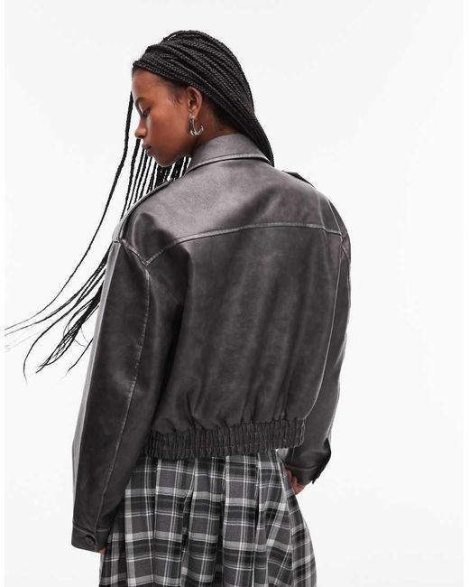 TOPSHOP Gray Faux Leather Cropped Button Thru Patch Pocket Bomber Jacket