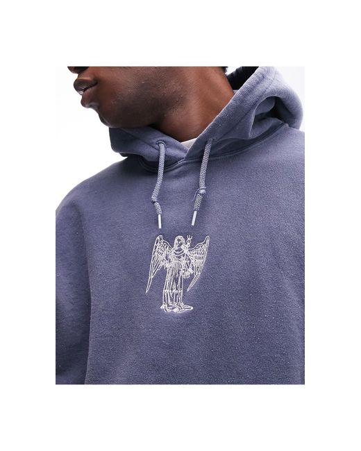 Topman Blue Oversized Hoodie With Angel Embroidery for men