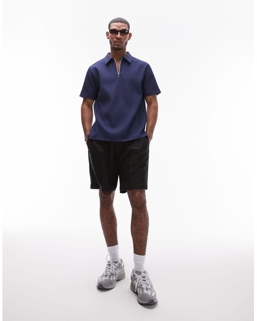 Topman Blue Short Sleeve 1/4 Zip Plisse Shirt for men