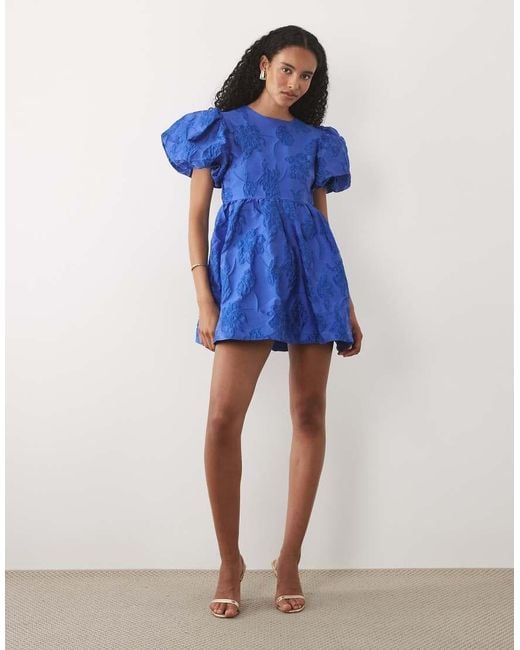 Sister Jane Blue Clover Exclusive Jacquard Puff Sleeve Mini Dress