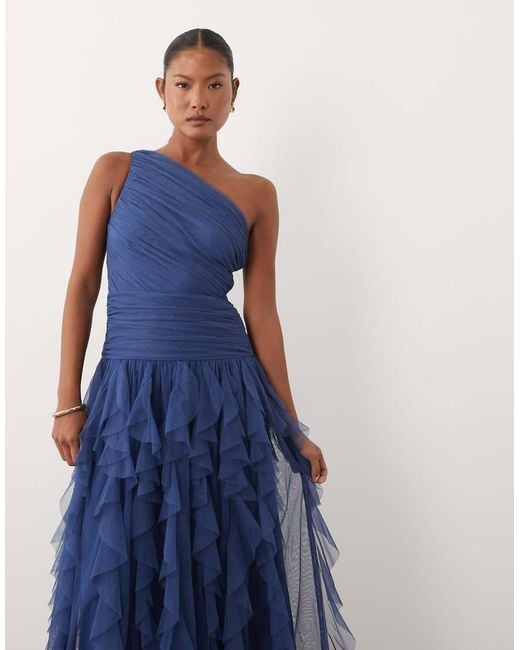 LACE & BEADS Blue One Shoulder Waterfall Ruffle Maxi Dress