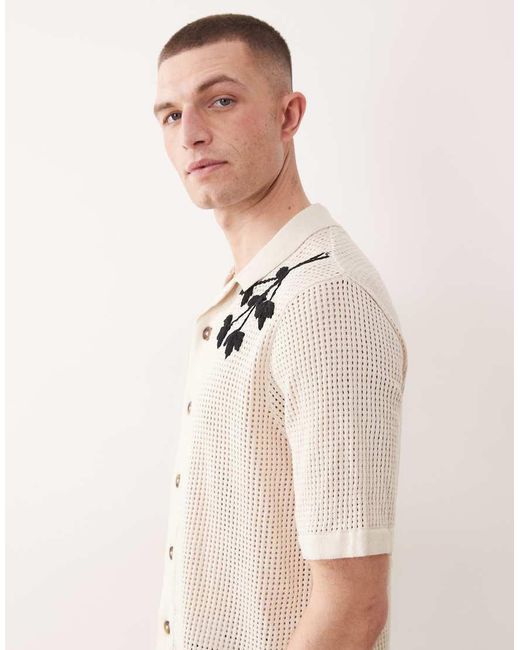 Only & Sons Natural Open Knit Crochet Shirt With Floral Embroidery for men