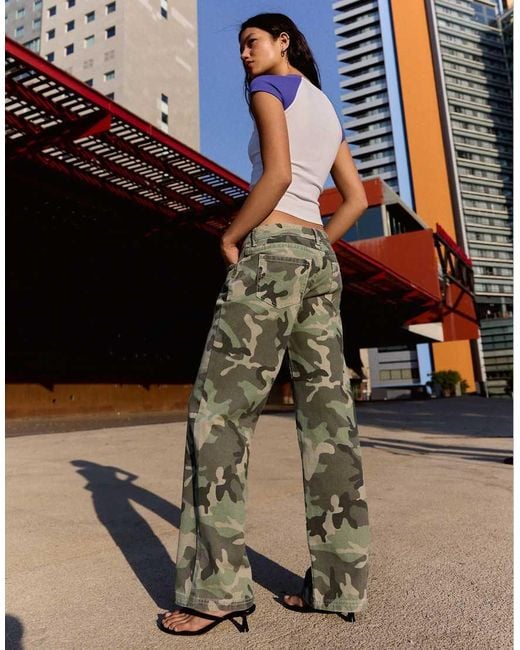 Bershka Black Printed Straight-leg Trousers
