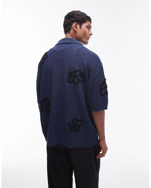 Topman Blue Knitted Floral Embroidered Revere Shirt for men