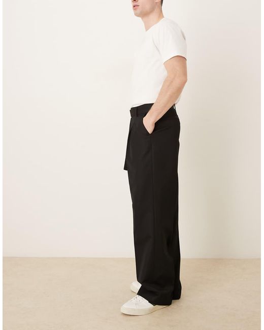 ASOS Black Smart Wide Leg Trouser With Belt Detail for men