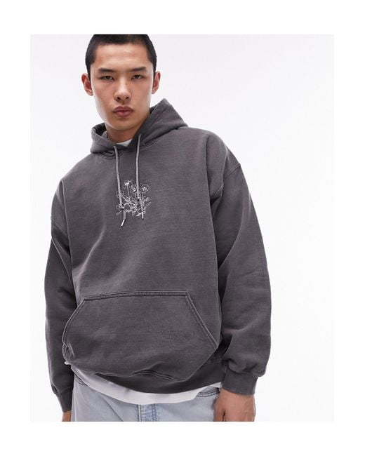 Topman Gray Oversized Hoodie With Pansy Chest Embroidery for men