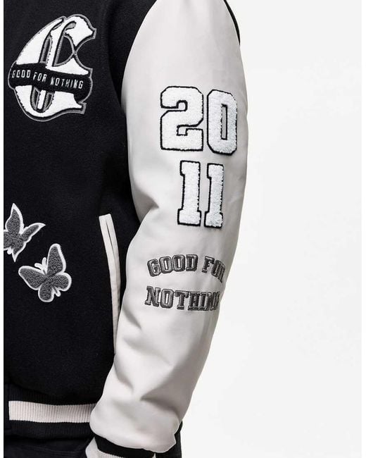 Good For Nothing Black Oversized Varsity Jacket for men