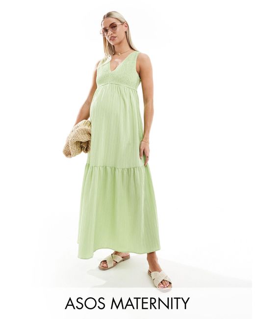 Asos design maternity - prendisole midi stropicciato con gonna a balze e scollo a v di ASOS in Green