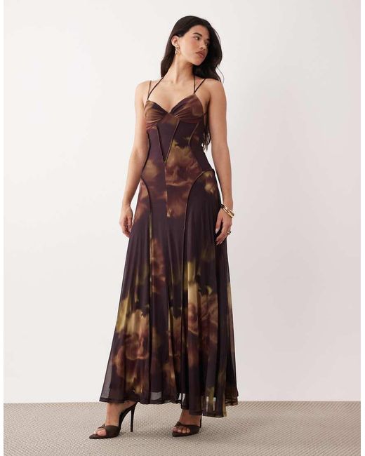 ASOS Brown Printed Mesh Maxi Dress With Exposed Seam Detail