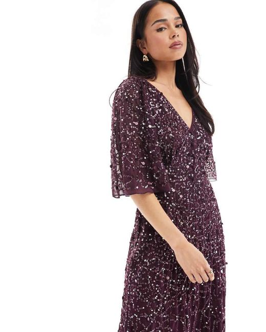 Maya Purple Embellished Angel Sleeve Maxi Dress