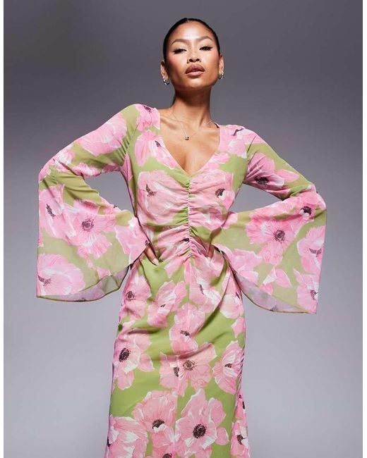 Vestito Lungo A Fiori Rosa Arricciato Sul Davanti E Con Scollo A V di ASOS in Multicolor