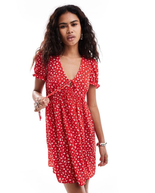 Monki Red Mini Dress With Puff Sleeves And Tie Front