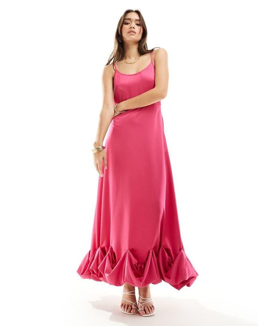 Vila Pink Satin Cami Maxi Dress With Stitch Detail Hem