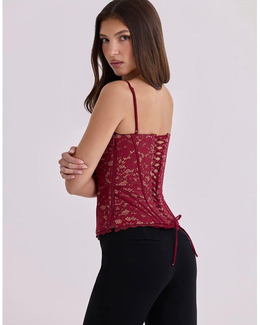 House Of Cb Red Rania Wine Lace Corset Top