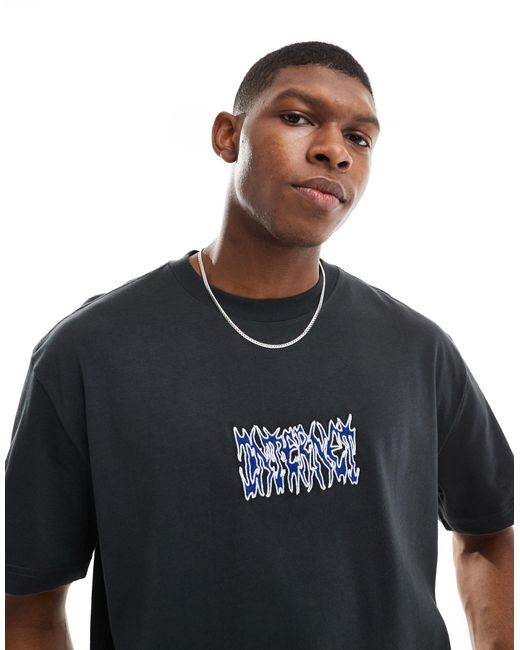 Weekday Black Oversized T-shirt With Embroidered Internet Text Graphic for men